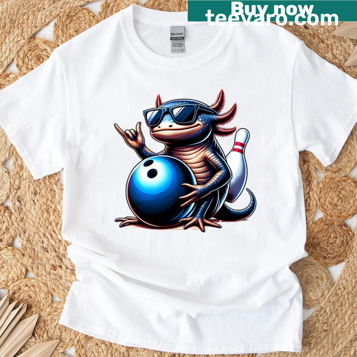 Cartoon axolotl bowling design on a T-shirt. — on a men's t-shirt