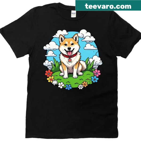 Illustration of a happy Shiba Inu enjoying the outdoors on a T-shirt