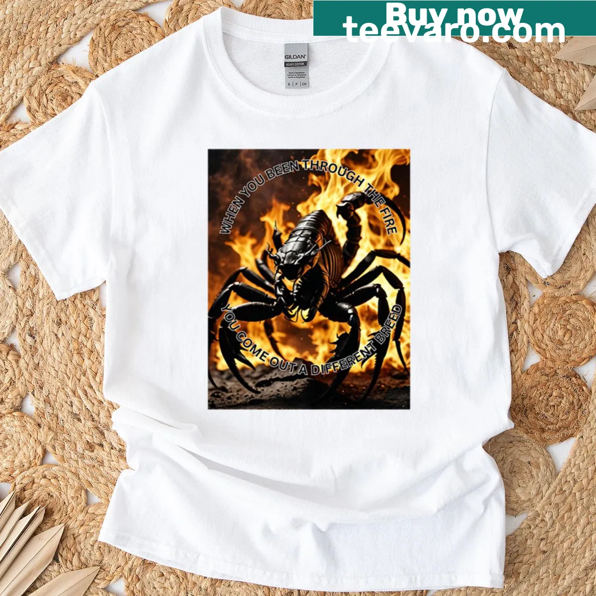 Illustration of a scorpion emerging from flames on a T-shirt — on a men's t-shirt
