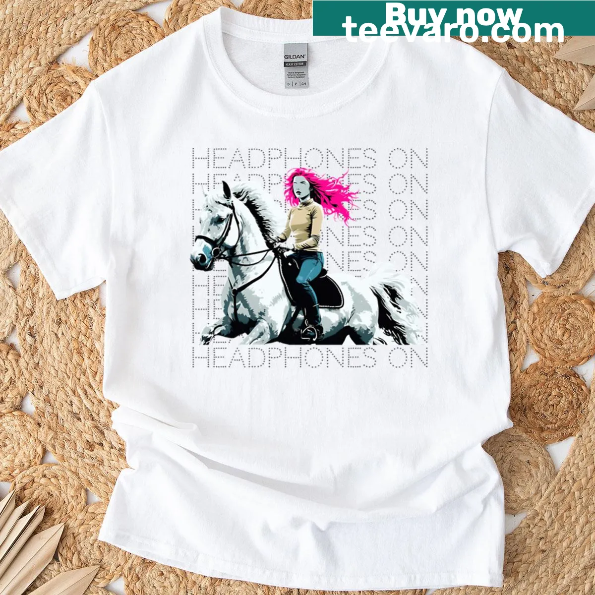 Whimsical graphic of headphones on a horse with pink hair on a T-shirt — on a men's t-shirt