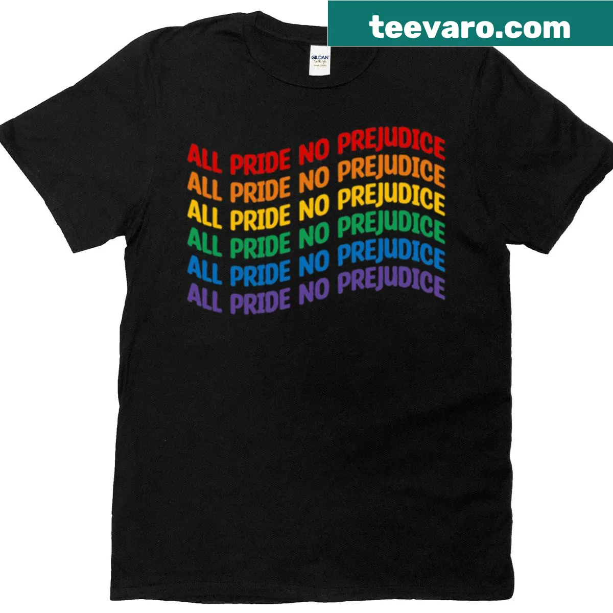 T-shirt featuring the phrase 'All Pride No Prejudice' in bold letters — on a men's t-shirt