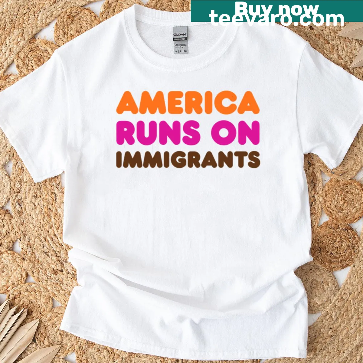 Protest t-shirt with text advocating for immigrant rights — on a men's t-shirt