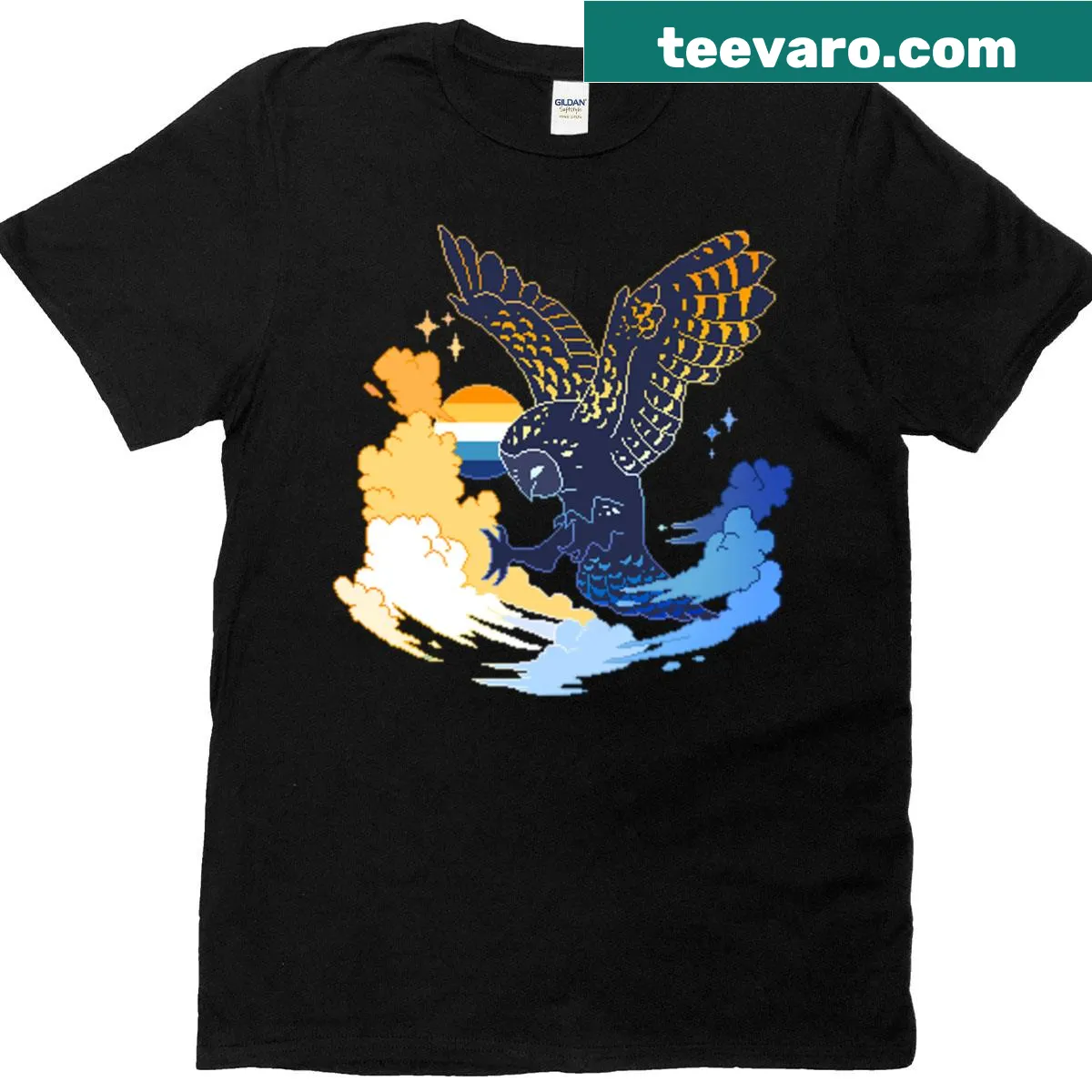 Pixel art owl alongside aroace pride flag on a T-shirt — on a men's t-shirt