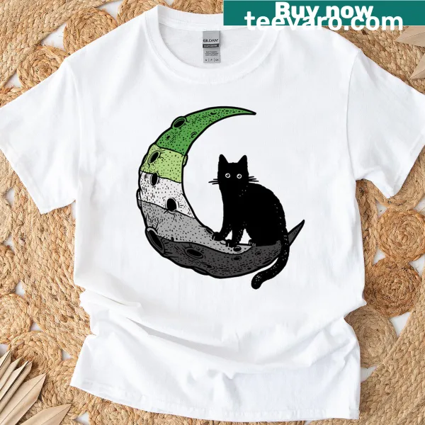 Illustrative T-shirt featuring a cat under a crescent moon, representing aromanticism