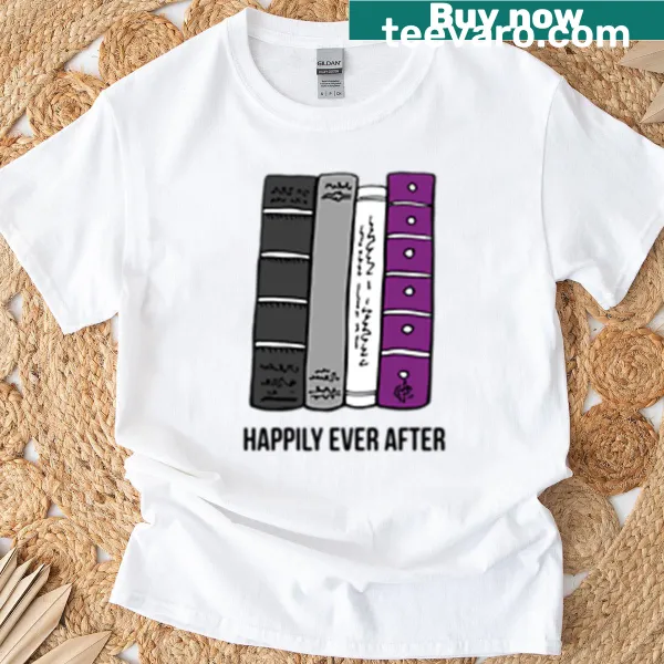 Illustration of books with pride symbols on asexual-themed t-shirt.