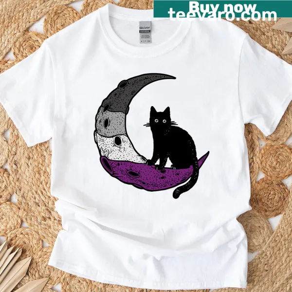 Illustrative T-shirt featuring a cat silhouette against a full moon, symbolizing asexuality