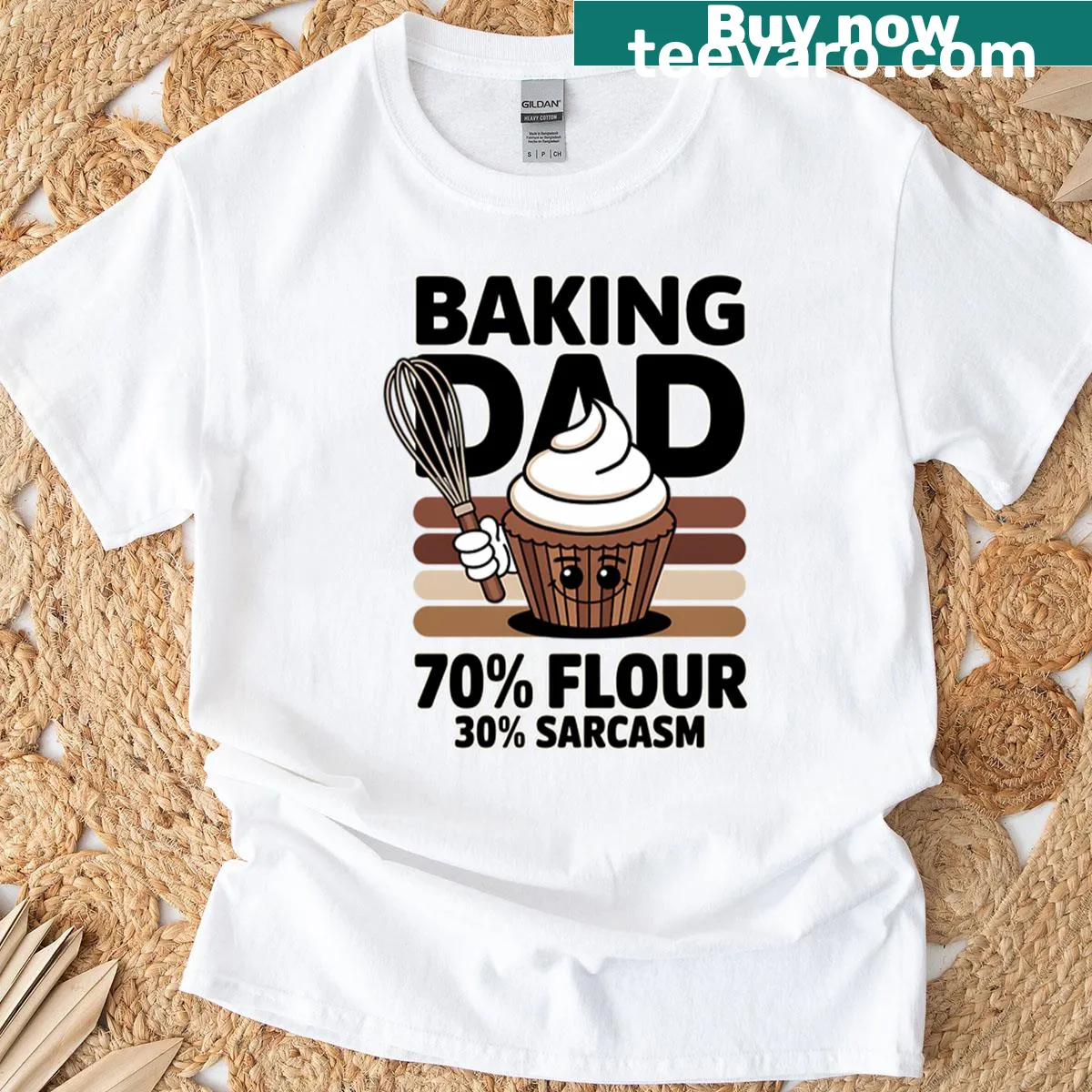 Funny Baking Dad t-shirt featuring a humorous flour and sarcasm ratio design — on a men's t-shirt
