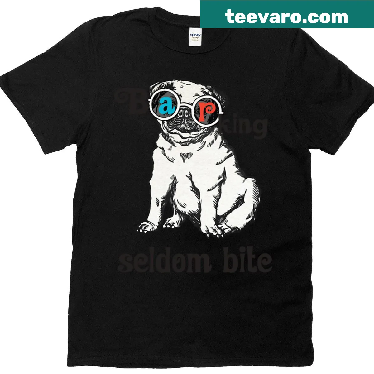 T-shirt with the phrase 'Barking Dogs Seldom Bite' and various dog breeds — on a men's t-shirt