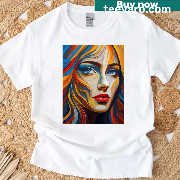 Artistic drawing of a young woman with blue eyes on a t-shirt.