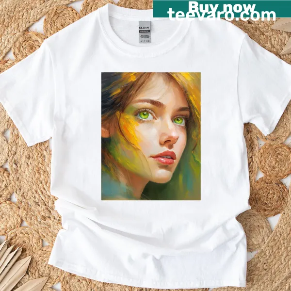 Artistic drawing of a young woman with green eyes on a t-shirt.