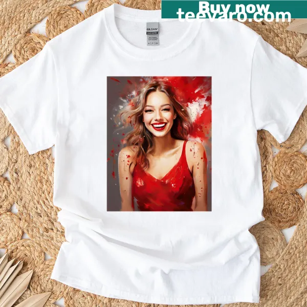 Illustration of a young woman in a red dress with lipstick on an oversized t-shirt.