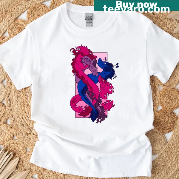 Bi Pride t-shirt featuring playful bisexual dragons design