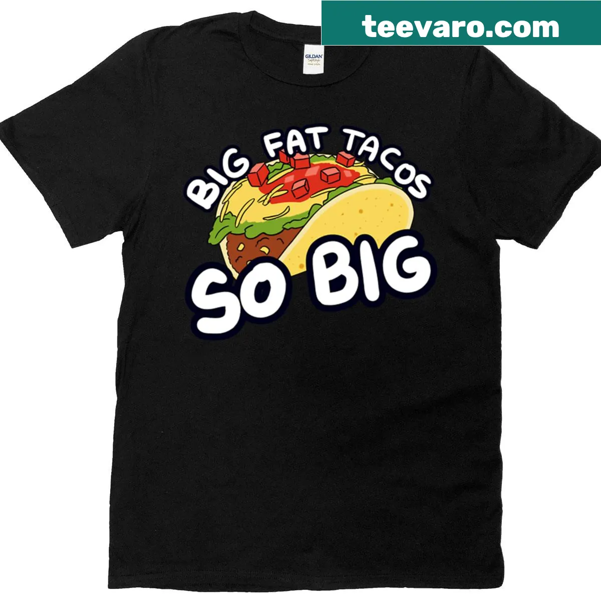 T-shirt featuring the phrase 'Big Fat Tacos' in playful typography — on a men's t-shirt