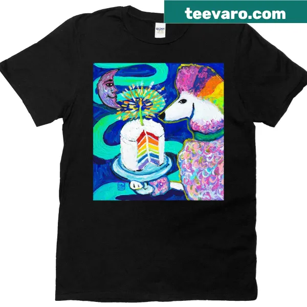 Whimsical Birthday Poodle T-shirt with illustration and party hat.