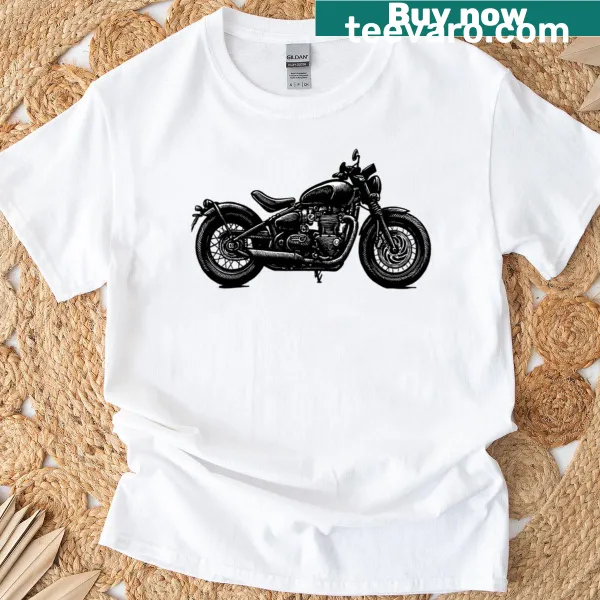 Illustration of a Triumph motorcycle in ink style on a t-shirt