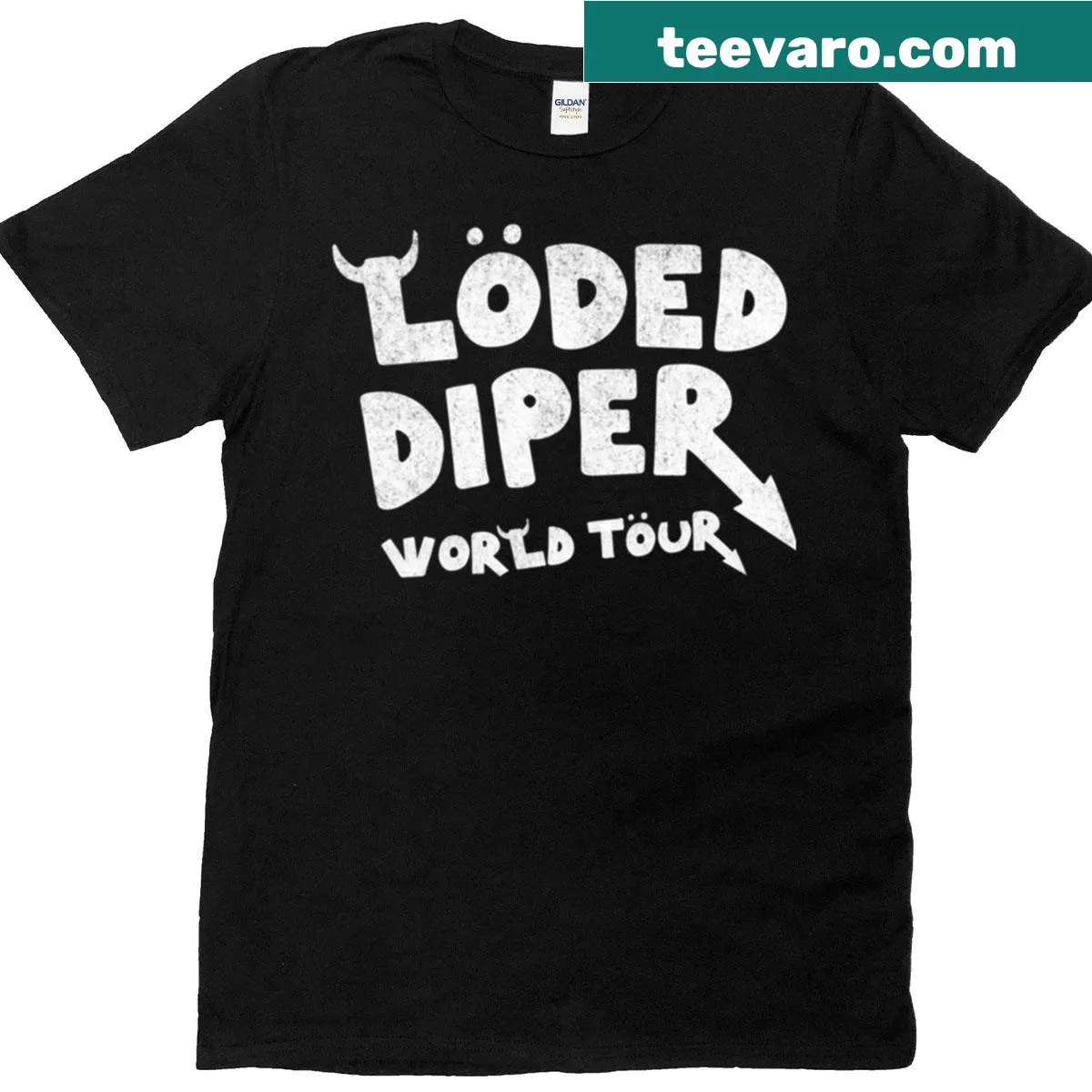 Vintage distressed t-shirt featuring books, movies, and music elements — on a men's t-shirt