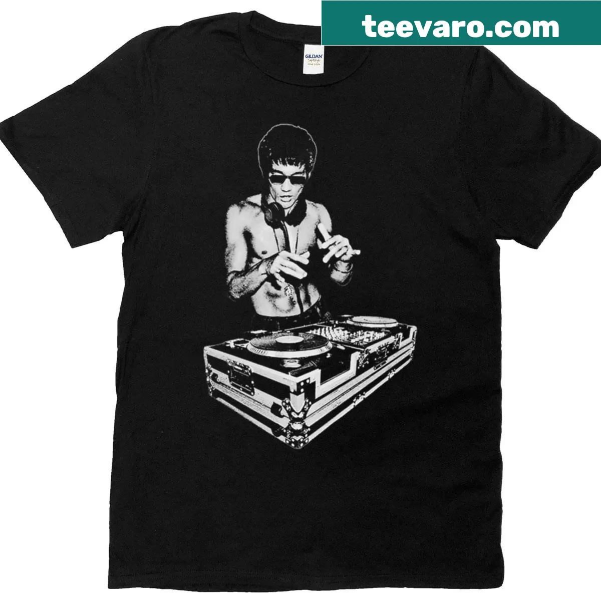 T-shirt featuring the phrase 'Bruce Lee Is My DJ' in playful typography — on a men's t-shirt