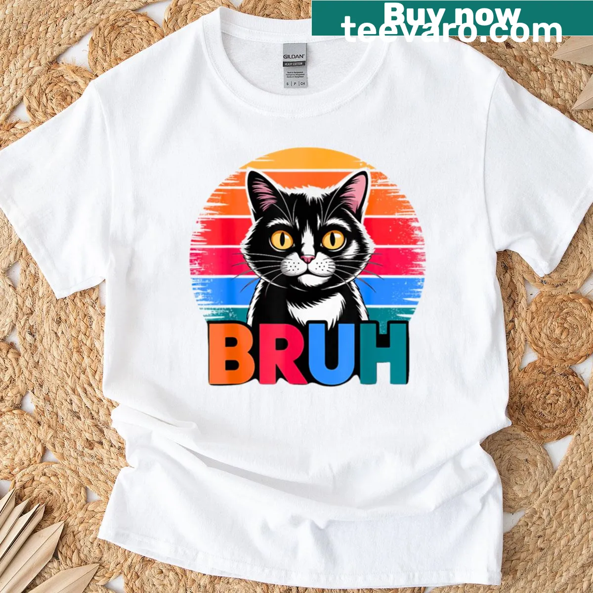 Funny T-shirt featuring a meme of a grumpy black cat with a retro sunset — on a men's t-shirt