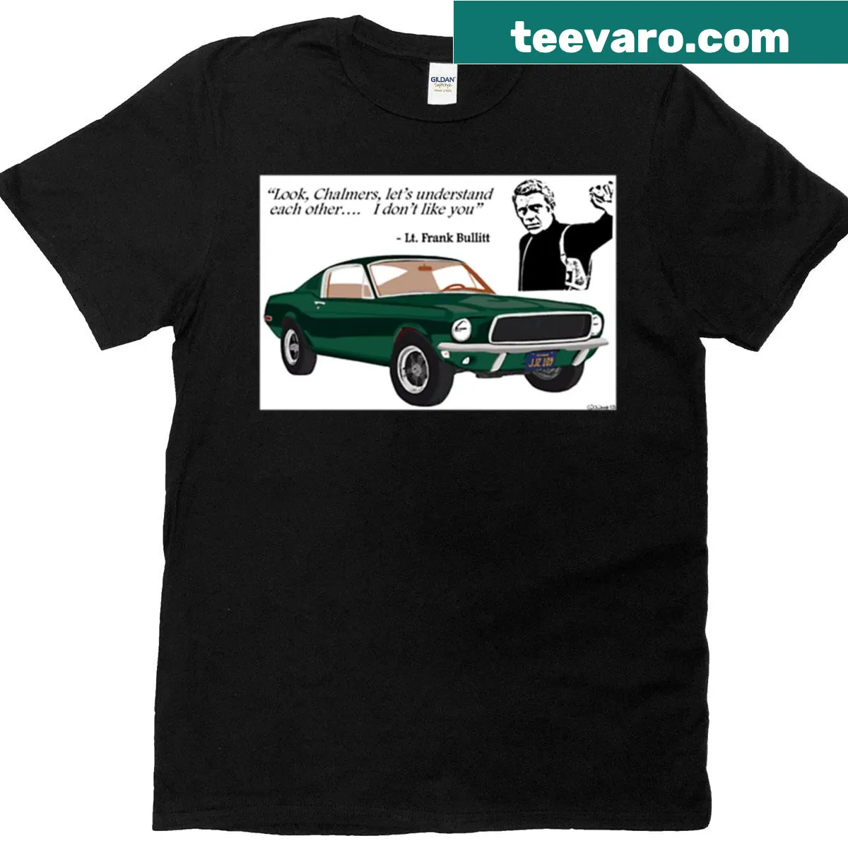 Illustration of Bullitt Mustang on a vintage T-shirt design — on a men's t-shirt