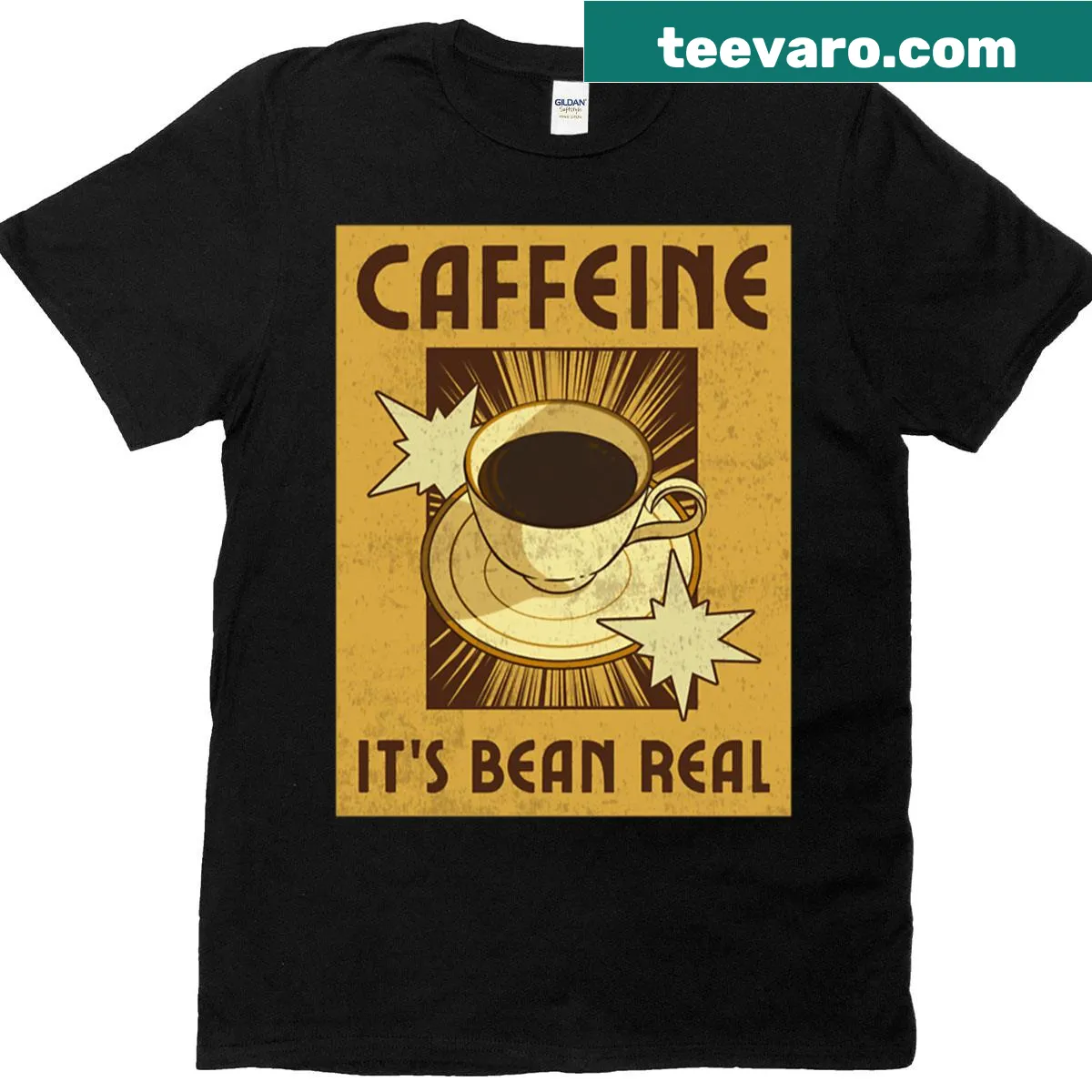 Retro coffee lover t-shirt with playful coffee bean graphics and text — on a men's t-shirt
