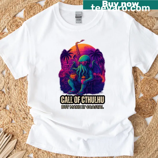 Humorous Cthulhu design with coastal elements on a T-shirt