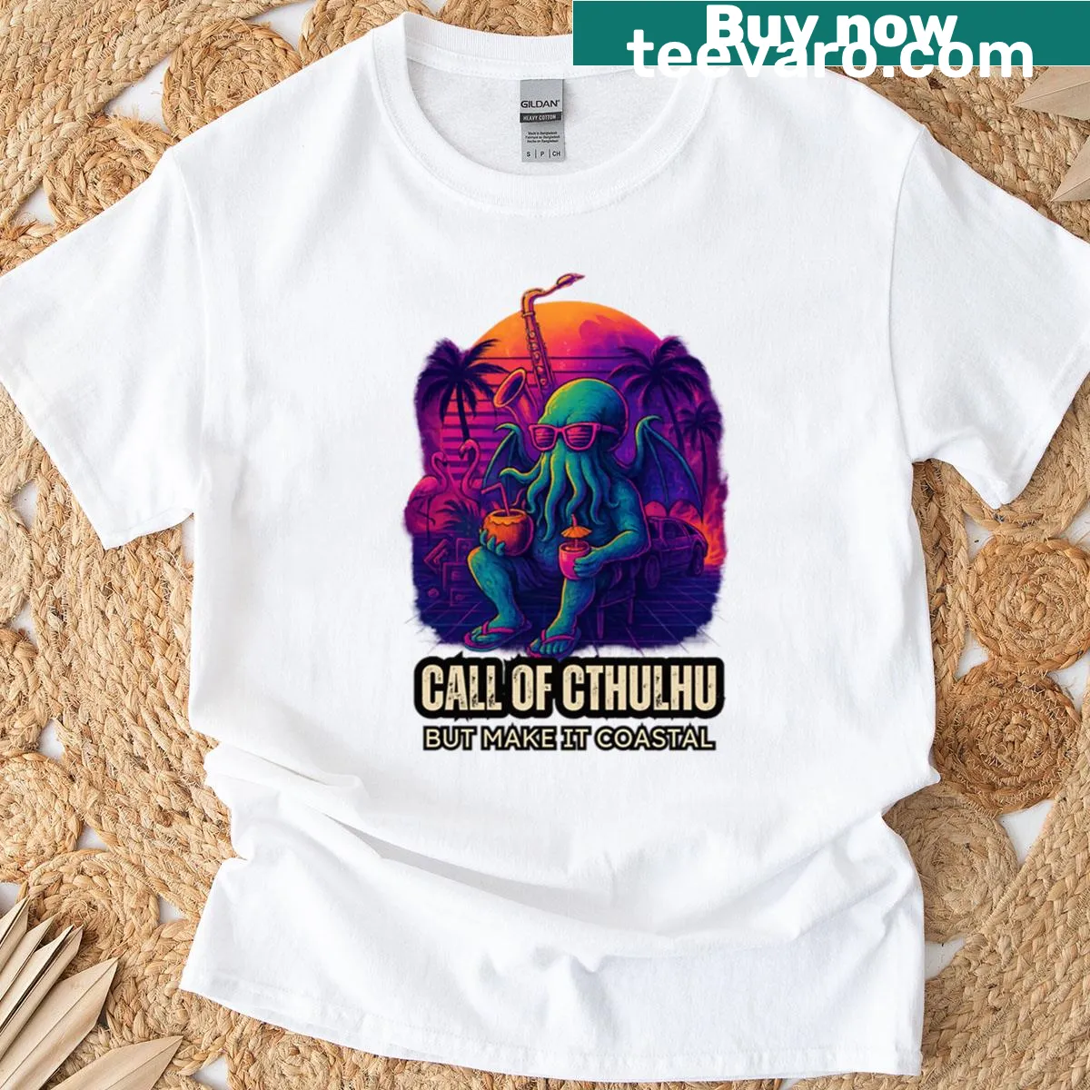 Humorous Cthulhu design with coastal elements on a T-shirt — on a men's t-shirt