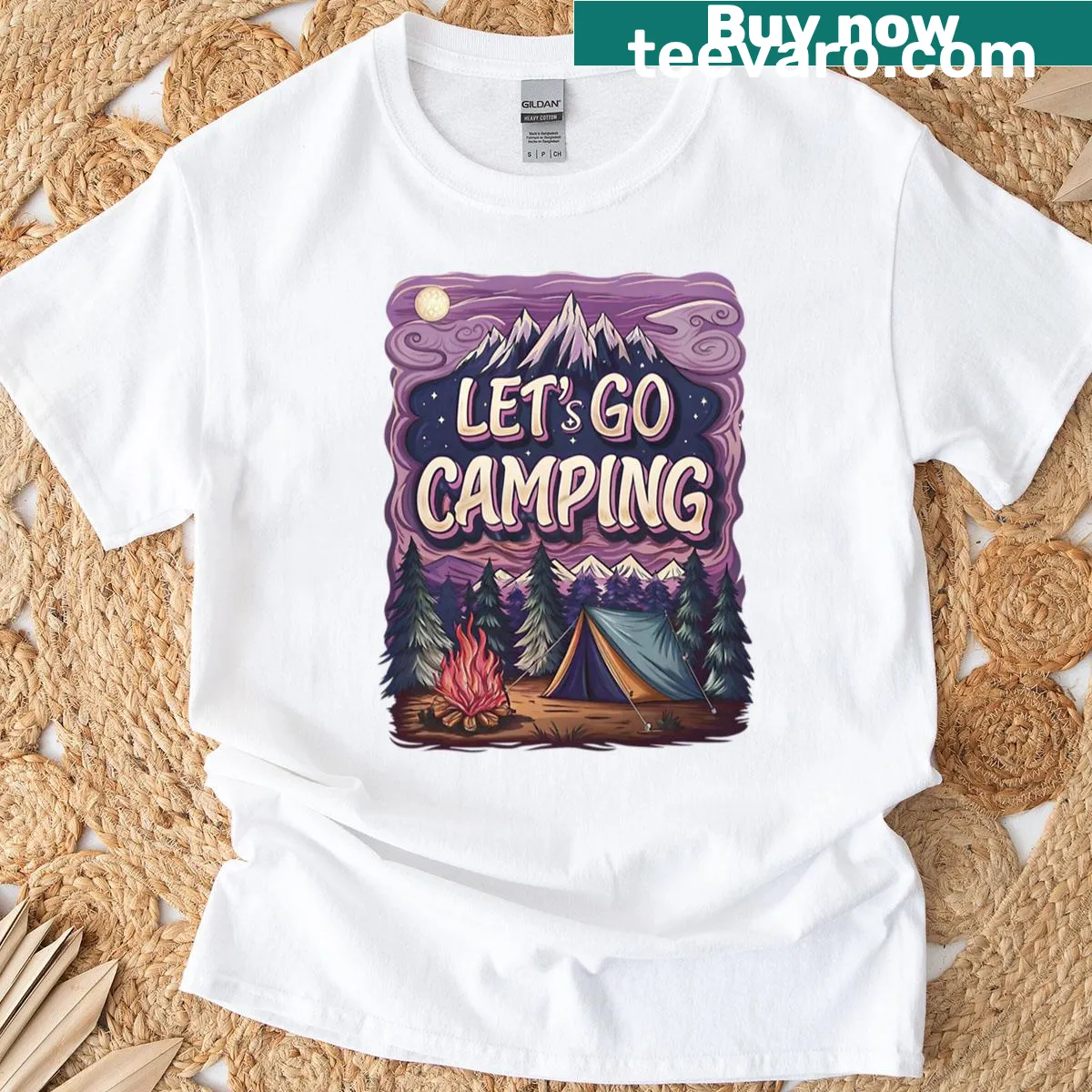 Camping T-shirt featuring a serene nature illustration — on a men's t-shirt