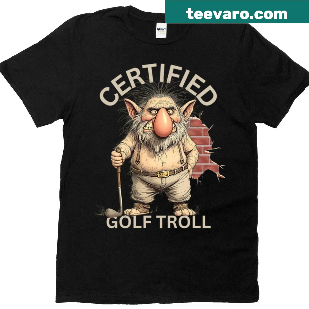 Funny cartoon golf troll T-shirt for golf enthusiasts — on a men's t-shirt