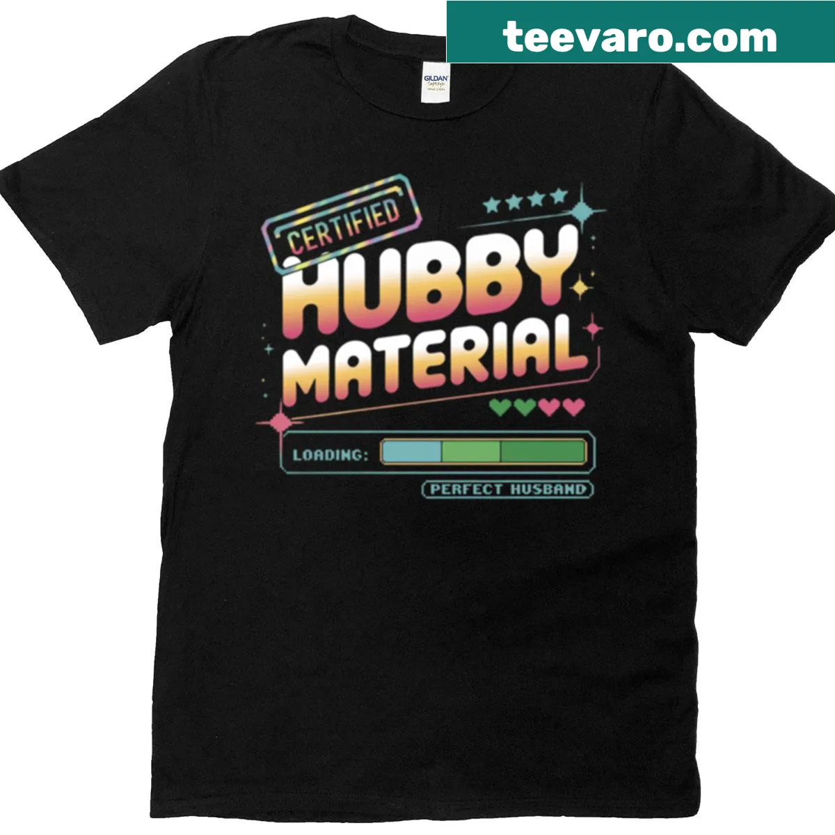 Humorous oversized T-shirt stating 'Certified Hubby Material' — on a men's t-shirt
