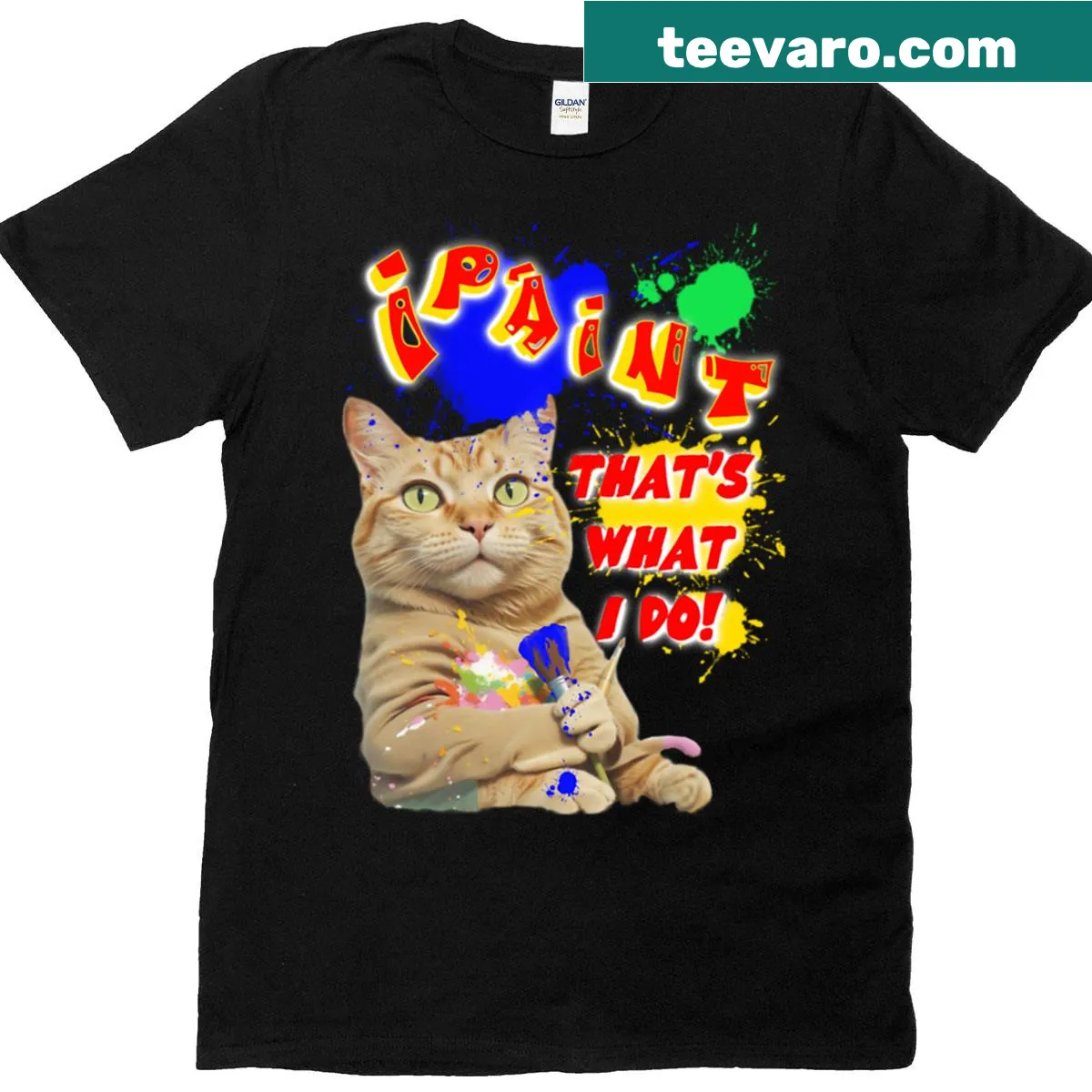 Whimsical painted illustration of an orange tabby cat on a T-shirt — on a men's t-shirt