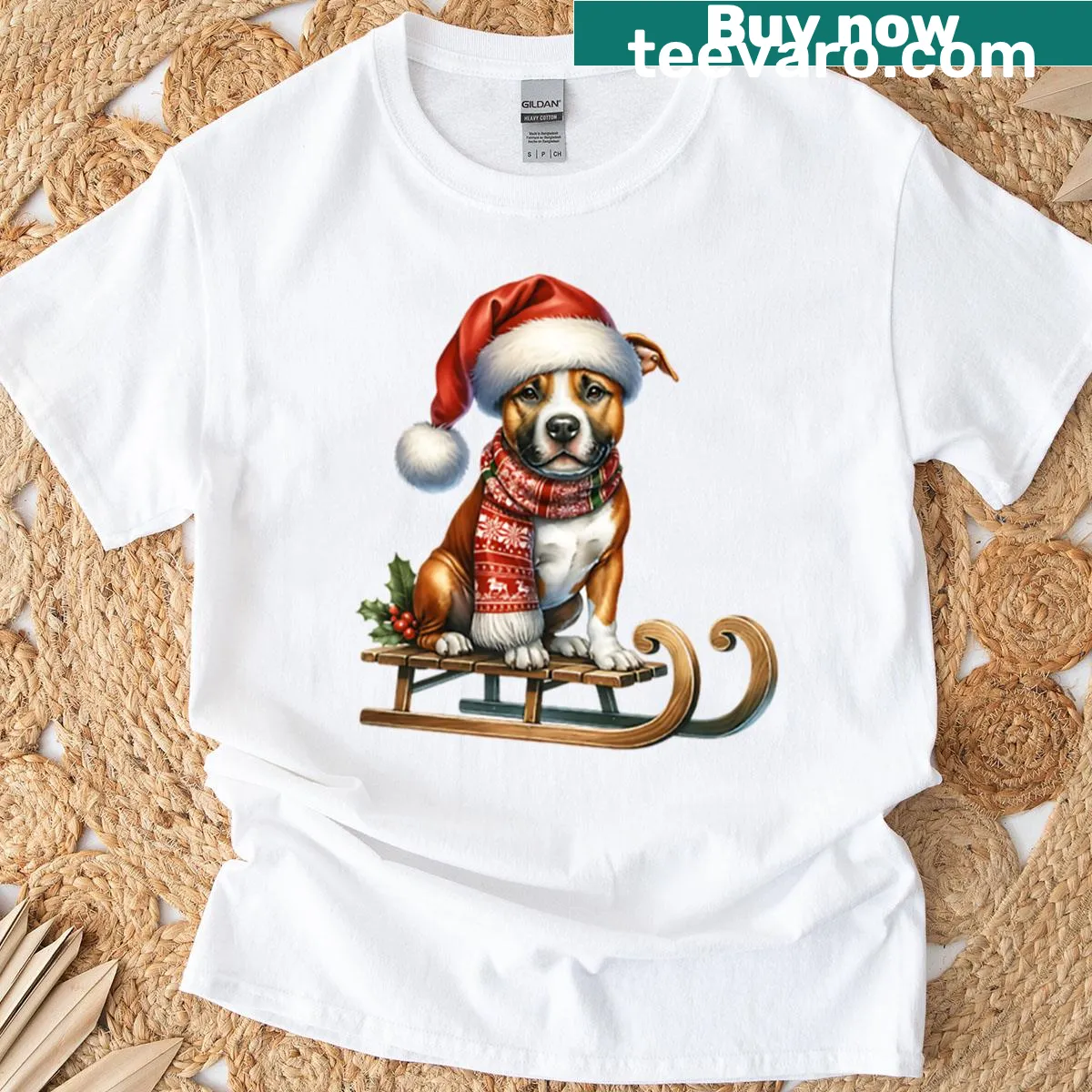 Oversized t-shirt featuring an American Staffordshire Terrier on a sled for Christmas — on a men's t-shirt