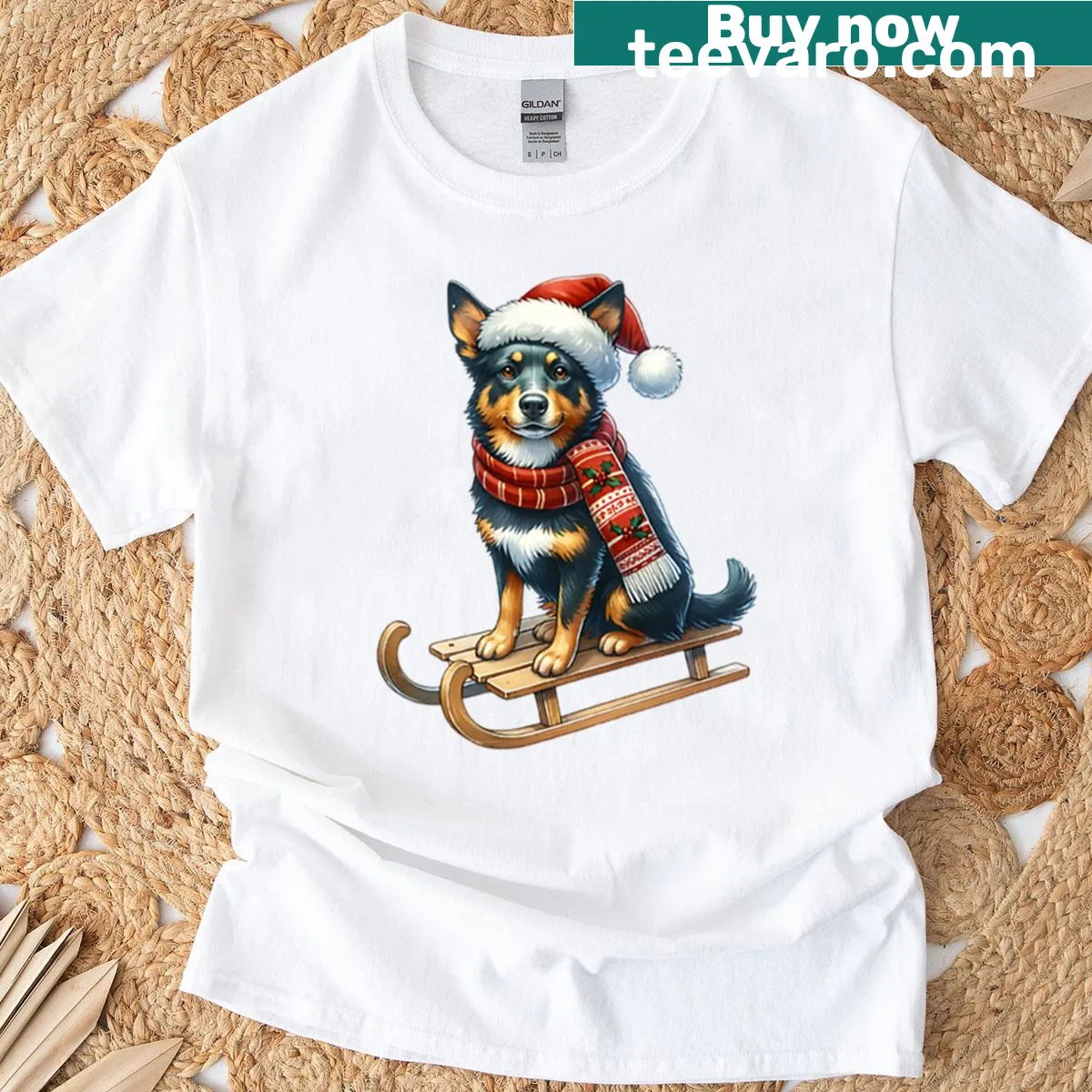 T-shirt depicting a Christmas Australian Kelpie dog on a sled — on a men's t-shirt