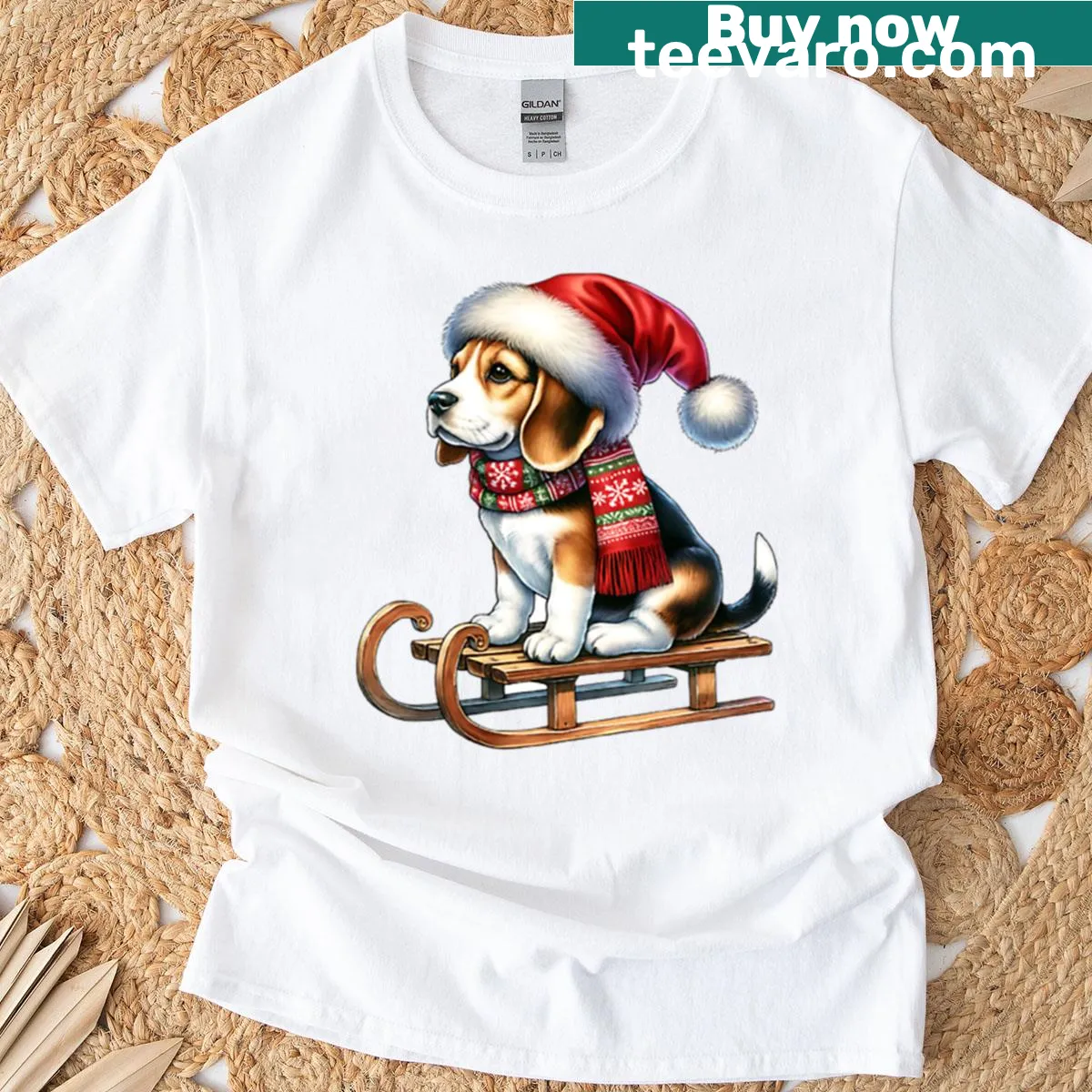 Oversized Christmas T-shirt with beagle dog on a sled — on a men's t-shirt