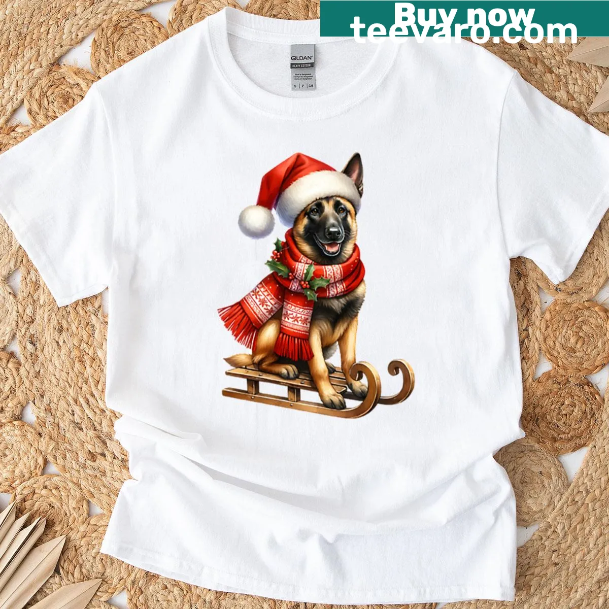 T-shirt with a Christmas Belgian Malinois dog on a sled — on a men's t-shirt