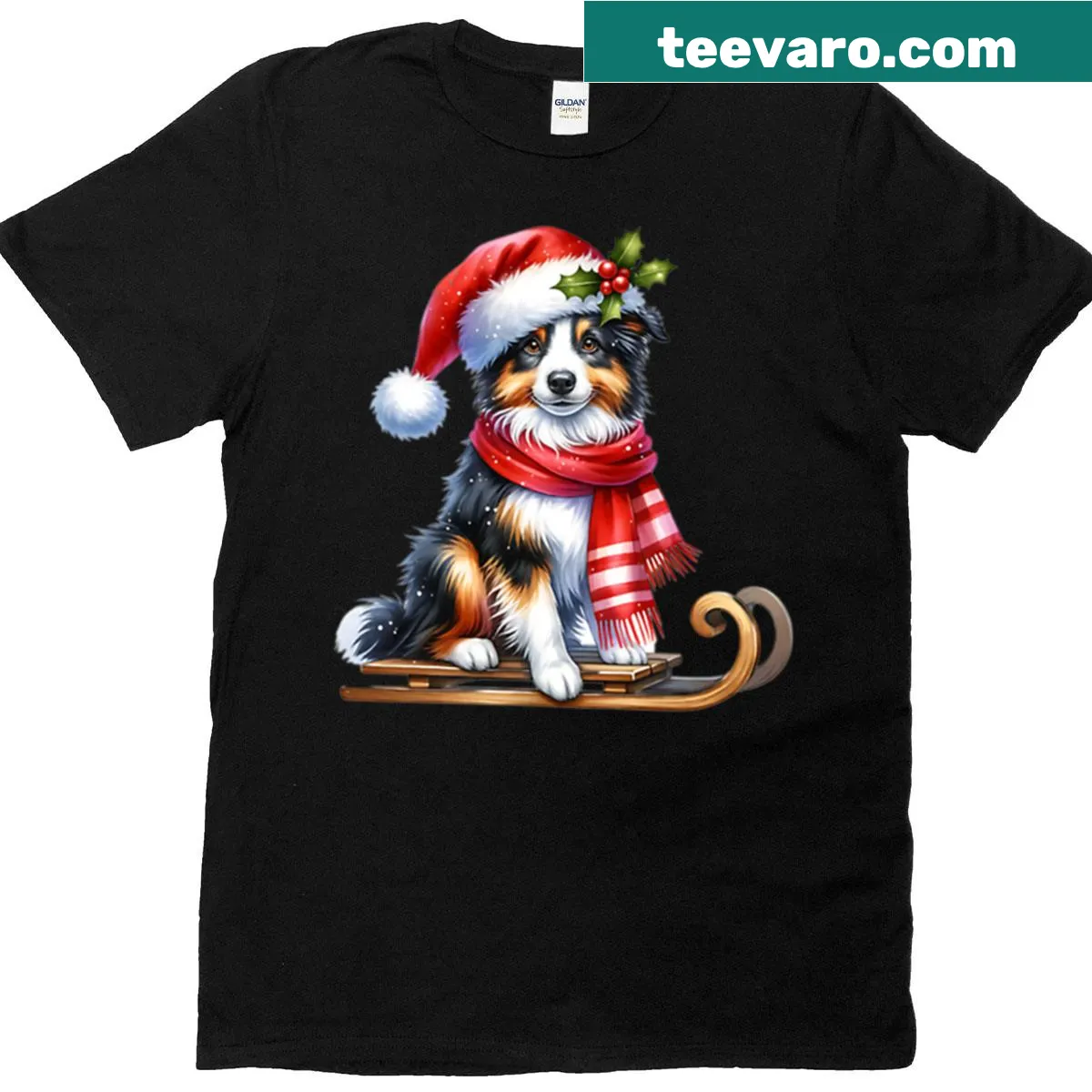 Christmas T-shirt featuring a Border Collie riding on a sled — on a men's t-shirt