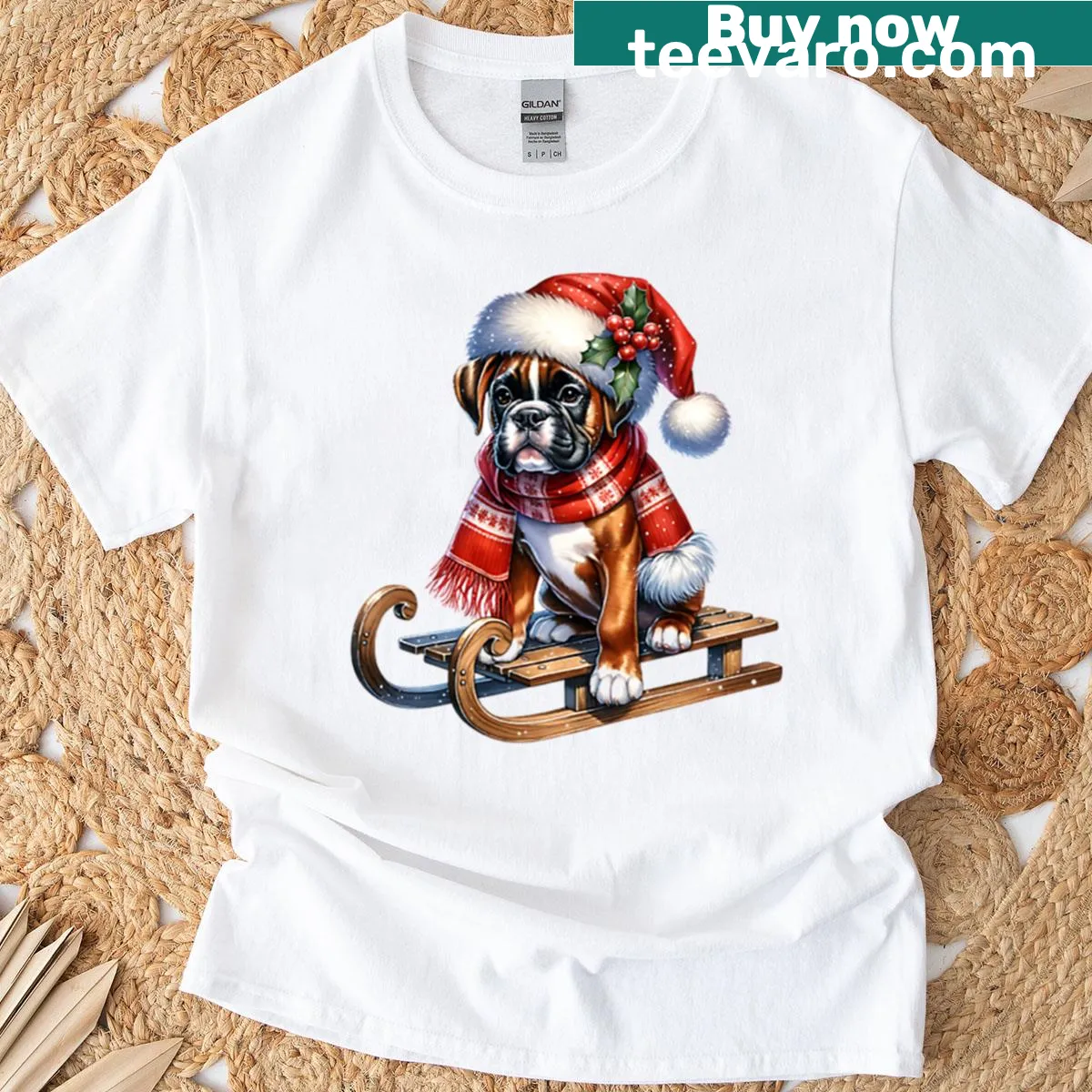 T-shirt featuring a Christmas Boxer dog on a sled — on a men's t-shirt