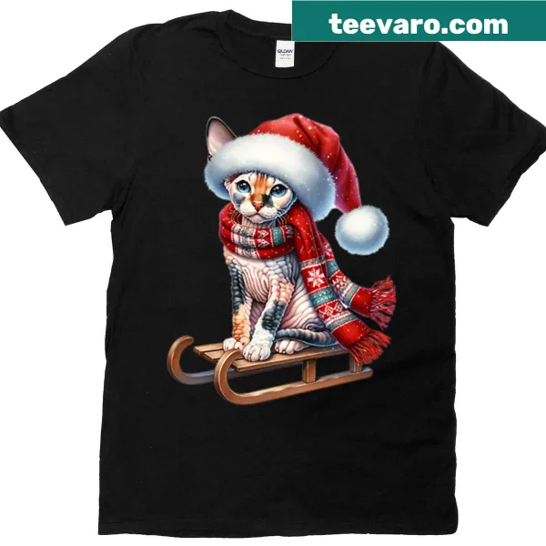 Christmas-themed T-shirt with a Cornish Rex cat on a sled