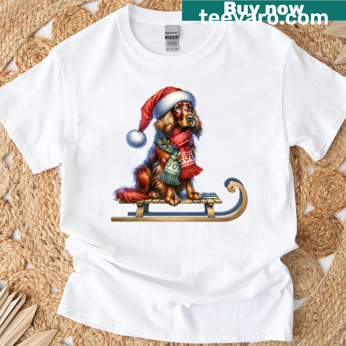 T-shirt depicting a Christmas Gordon Setter dog on a sled — on a men's t-shirt