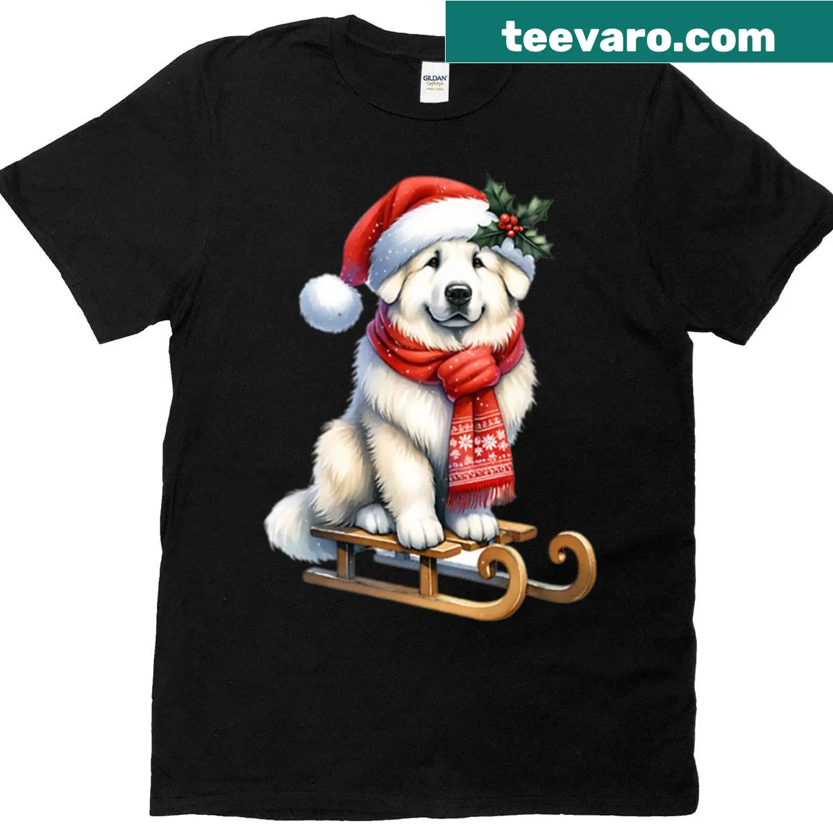 Vintage-style T-shirt featuring a Great Pyrenees on a sled — on a men's t-shirt