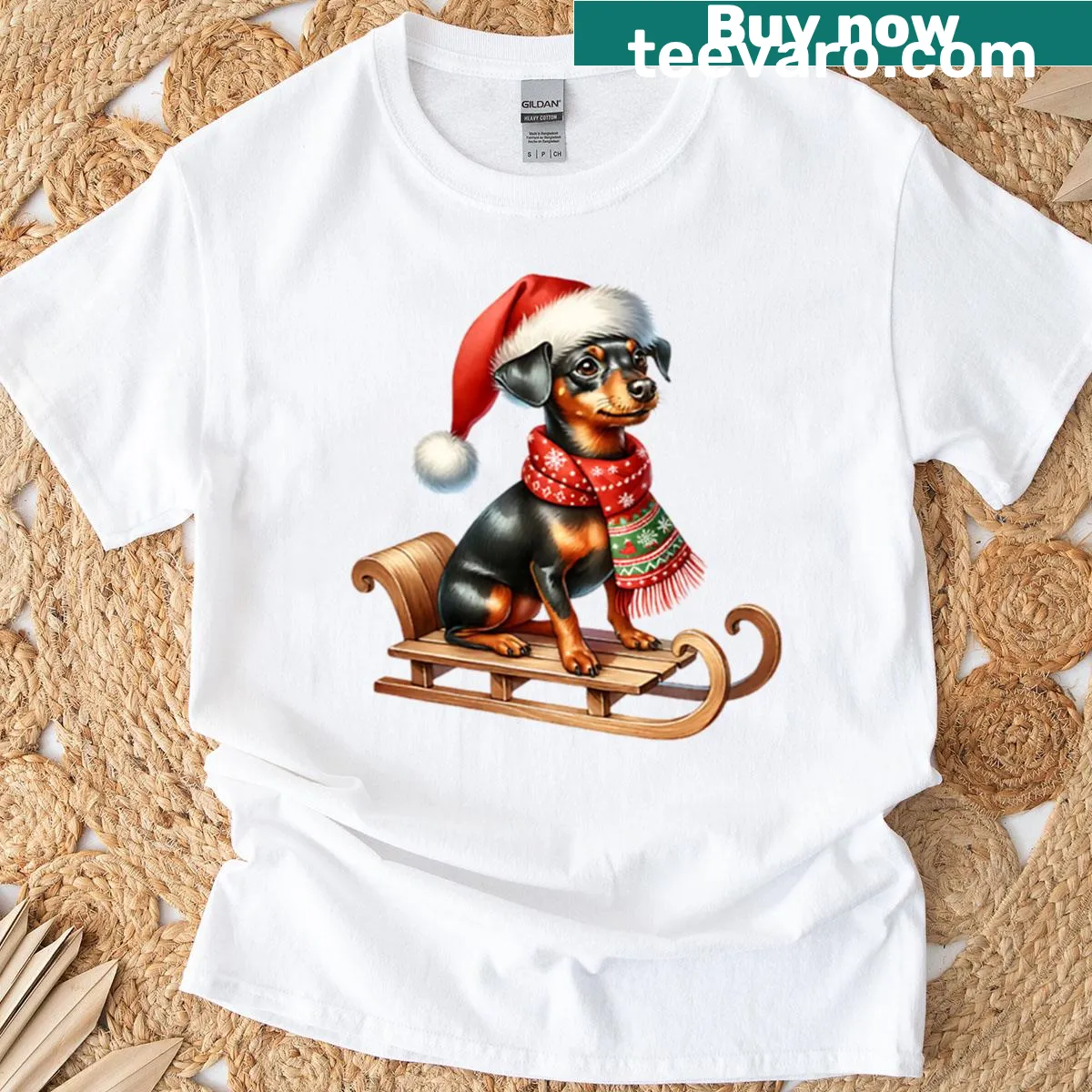 T-shirt featuring a Christmas Miniature Pinscher dog on a sled — on a men's t-shirt