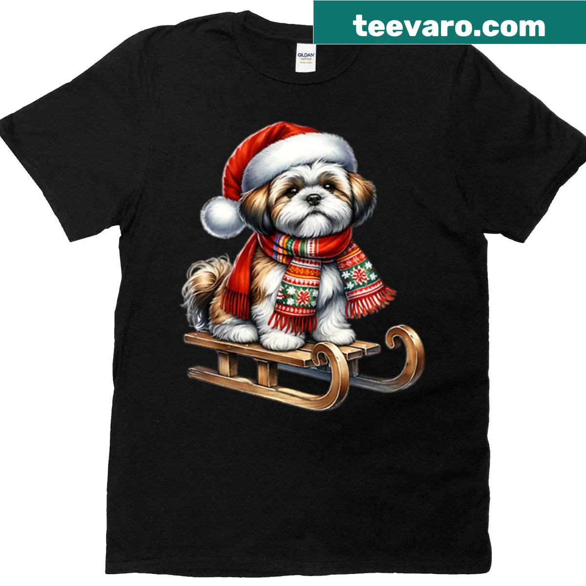 Cute Shih Tzu dog on a sled graphic for Christmas — on a men's t-shirt