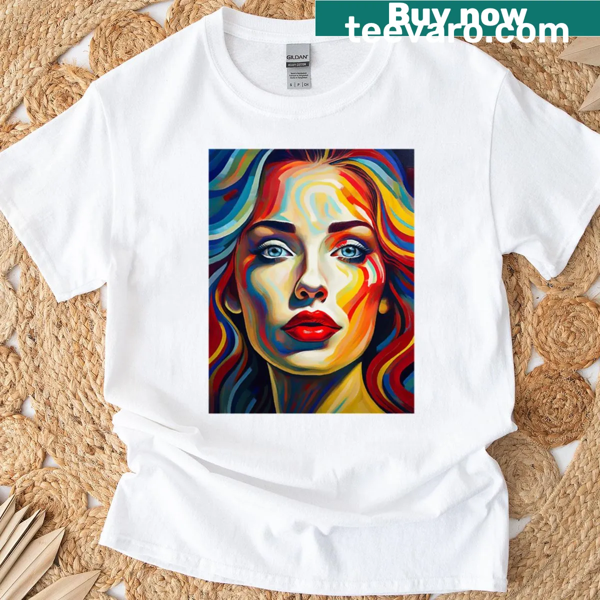 Artistic oversized T-shirt featuring a woman’s face illustration — on a men's t-shirt