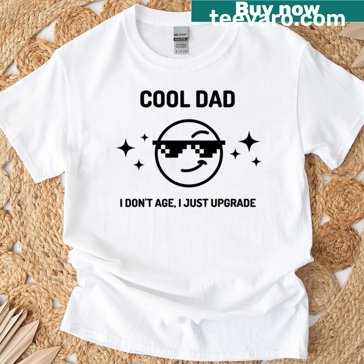Funny oversized T-shirt for dads with humorous upgrade saying — on a men's t-shirt