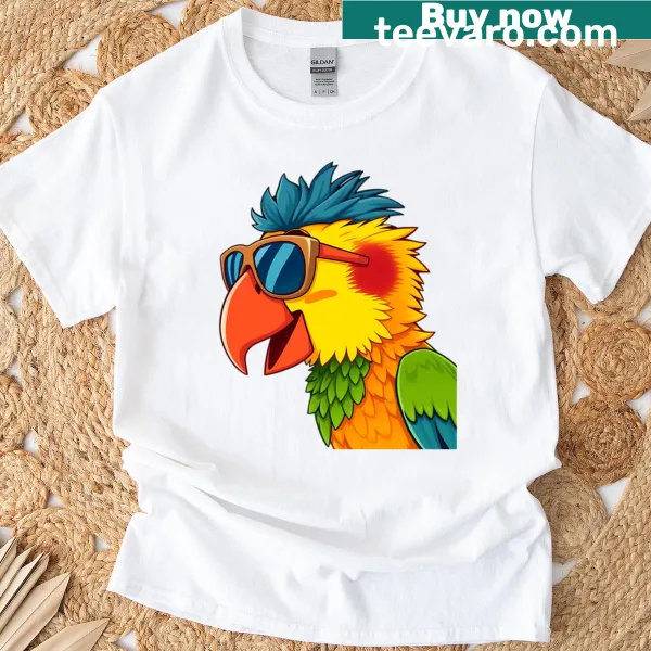 Cartoon-style T-shirt featuring a playful parrot graphic