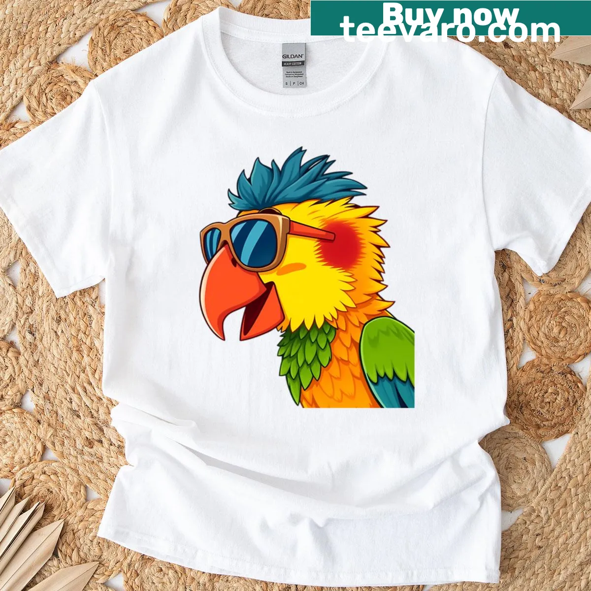 Cartoon-style T-shirt featuring a playful parrot graphic — on a men's t-shirt