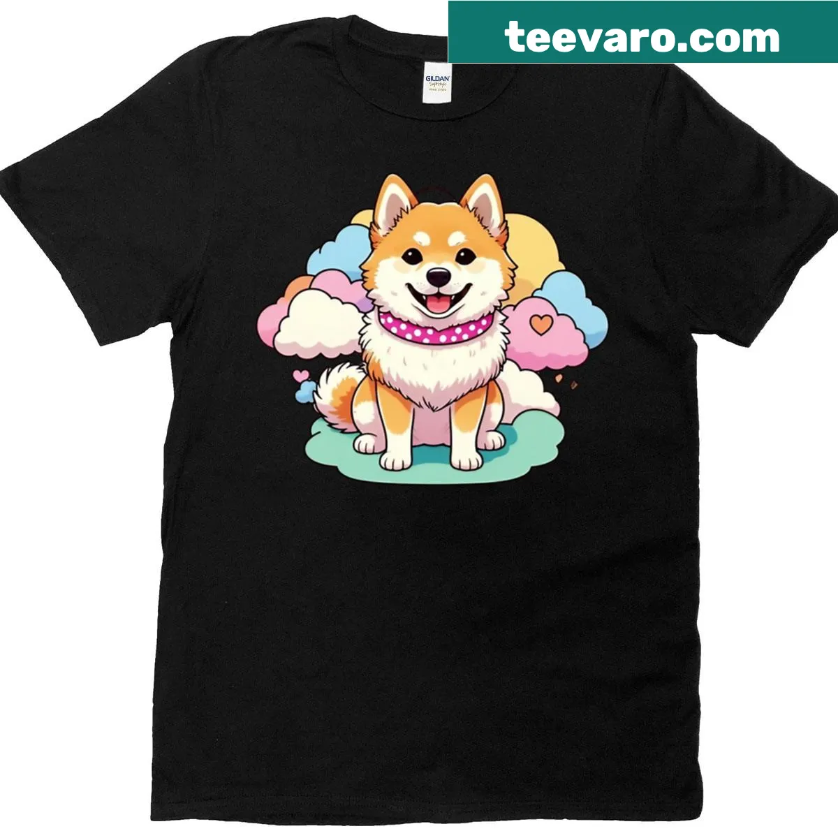 Illustration of a Shiba Inu among clouds on a T-shirt — on a men's t-shirt