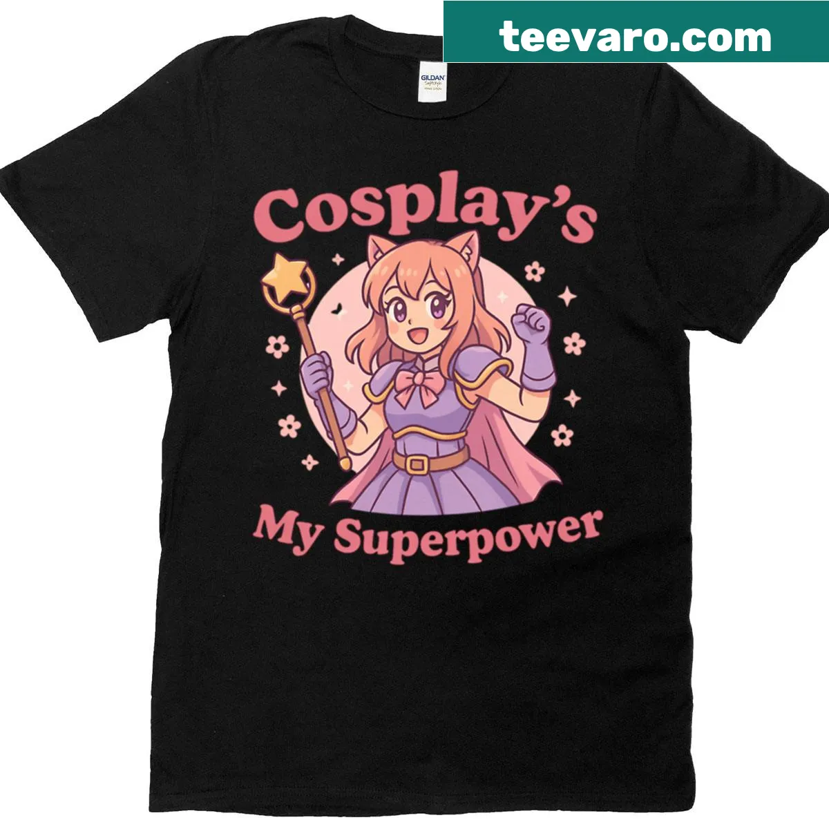 Kawaii illustration of a cosplayer in vibrant attire on T-shirt — on a men's t-shirt