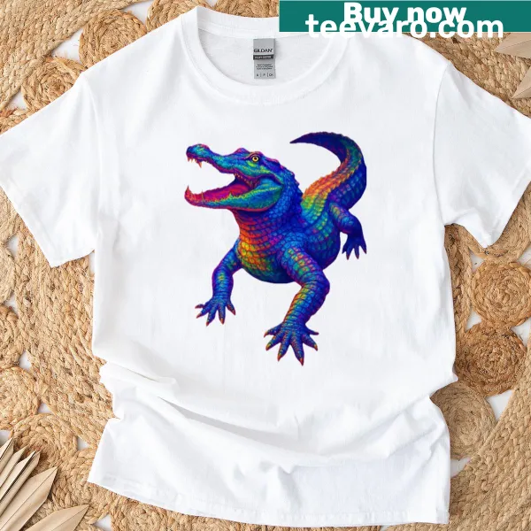 Cartoon crocodile graphic displayed on a playful T-shirt.