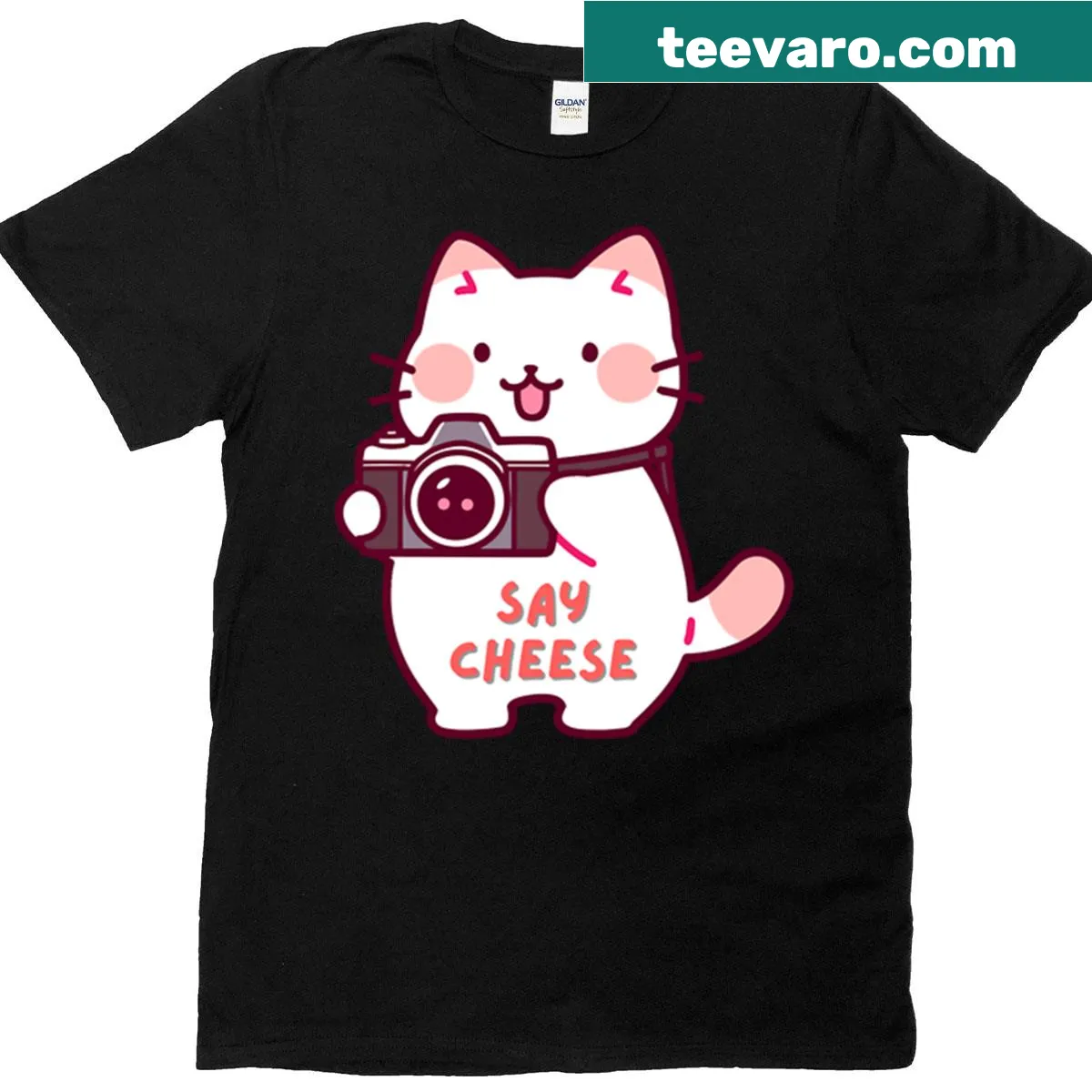 Cute cat holding a camera graphic on oversized T-shirt — on a men's t-shirt