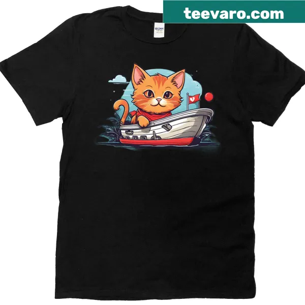 Cute cat illustration on a ship design T-shirt
